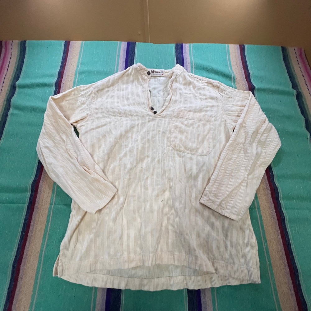 Fabindia Kurta Shirt Mens 38 Cream Striped Cotton Henley Long Sleeve Boho Pocket